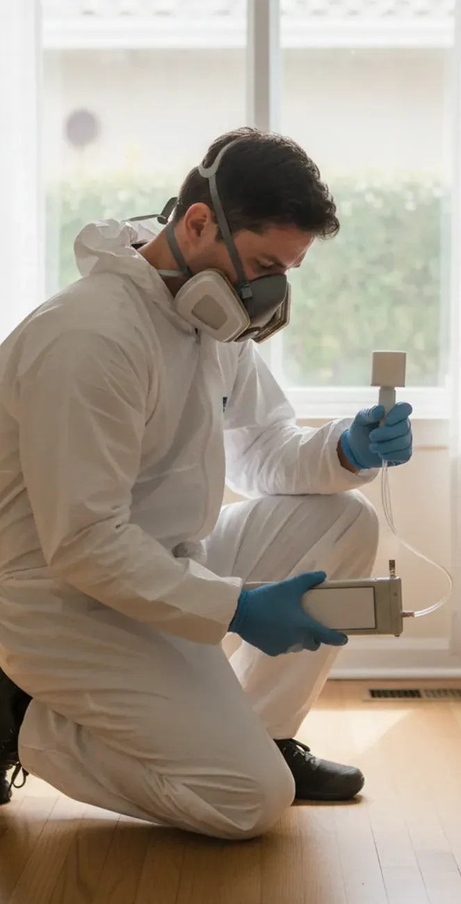 Mold testing technician collecting an air sample in a Pasadena home