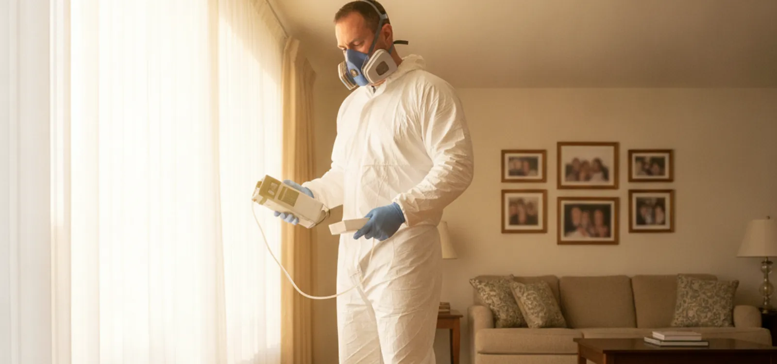 Mold testing technician collecting an air sample in a Pasadena home