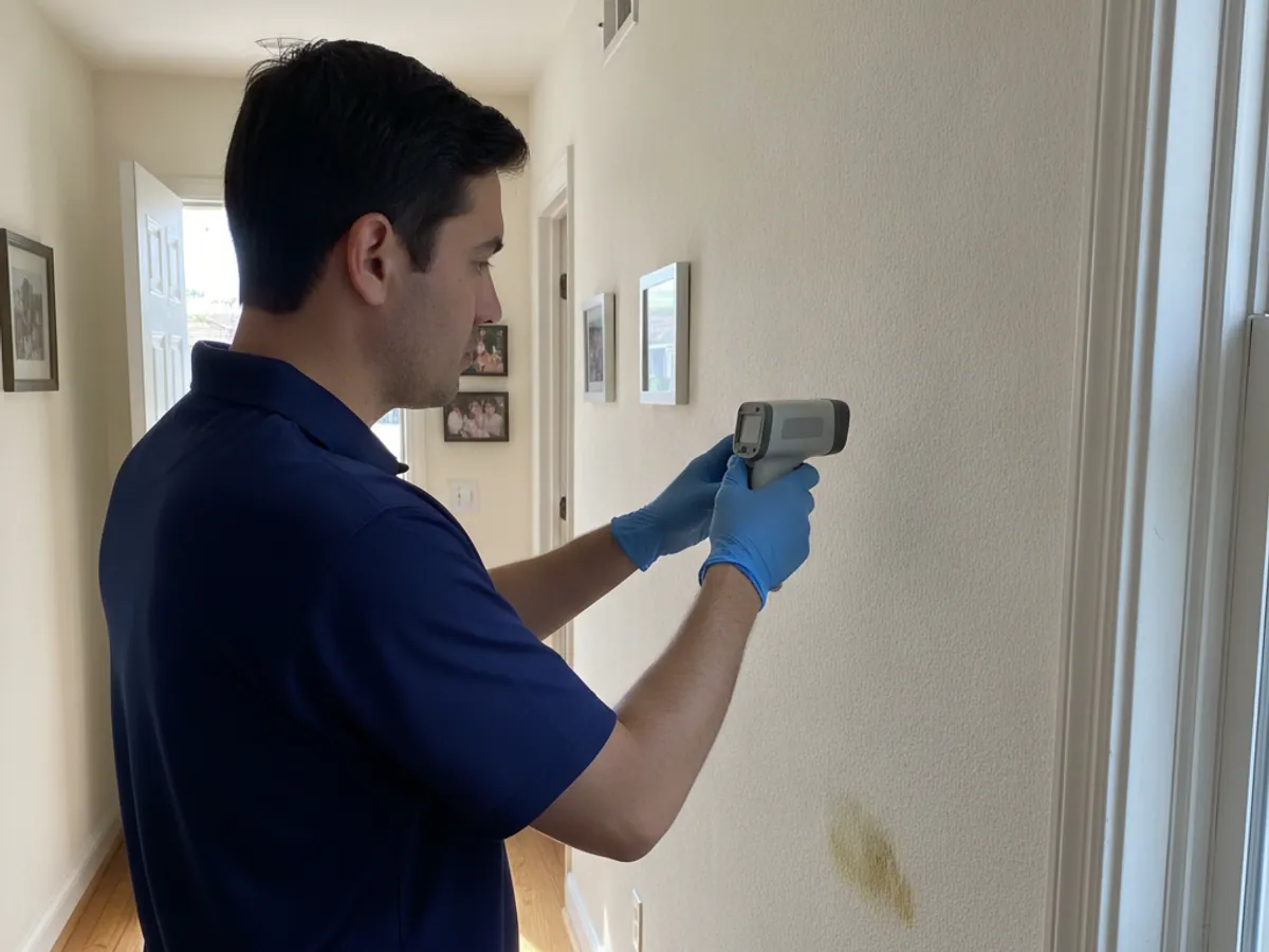 Mold testing technician reviewing lab sample cassettes in a Pasadena home
